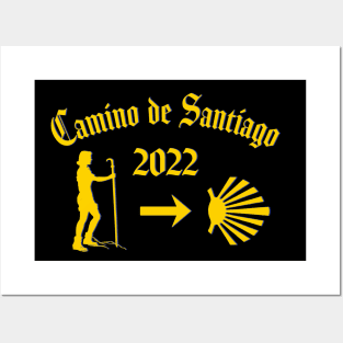 Camino de Santiago Typography Woman Pilgrim 2022 Yellow Scallop Shell Posters and Art